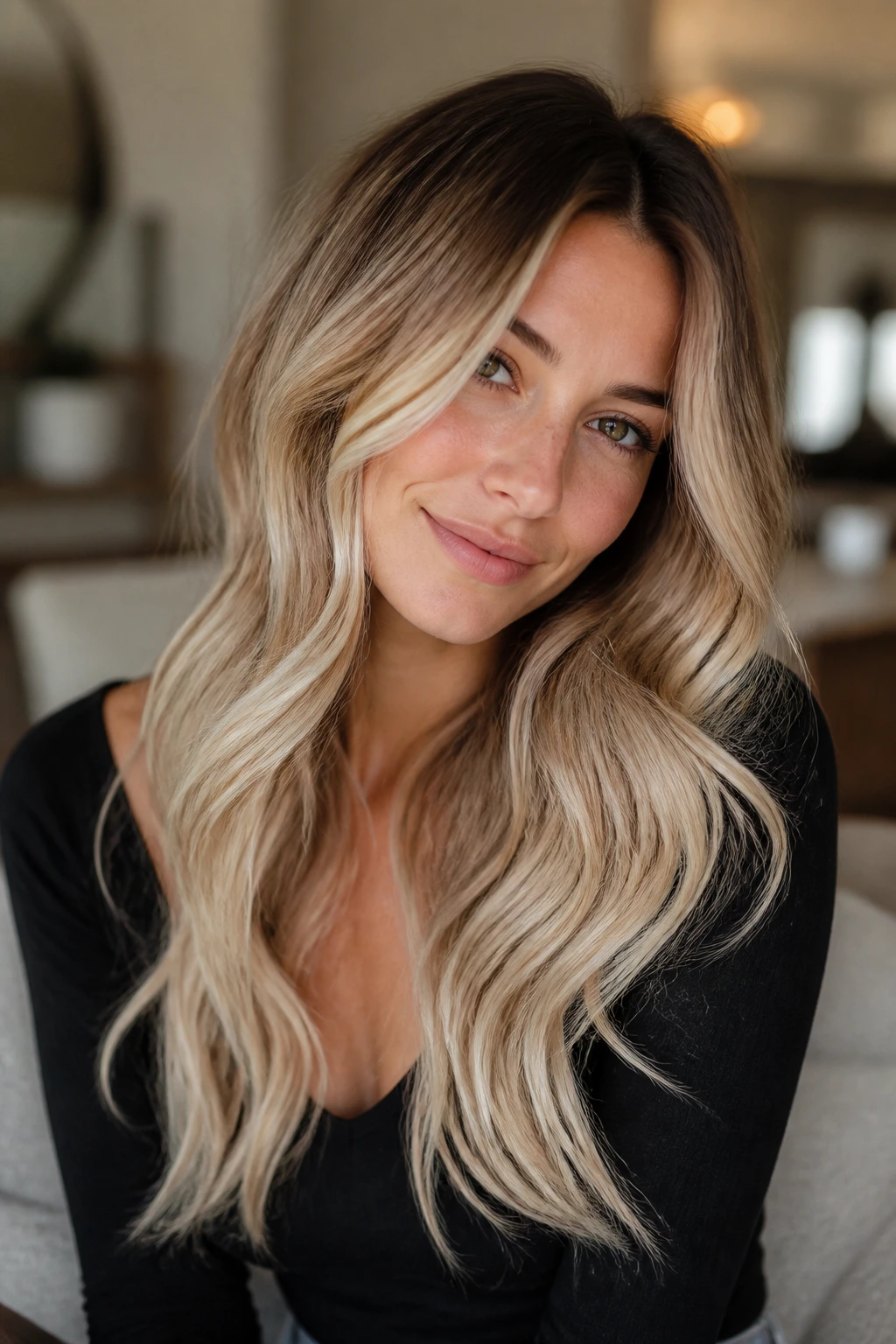 Close-up of real woman with toasted coconut blonde and chestnut depth in warm interior lighting.