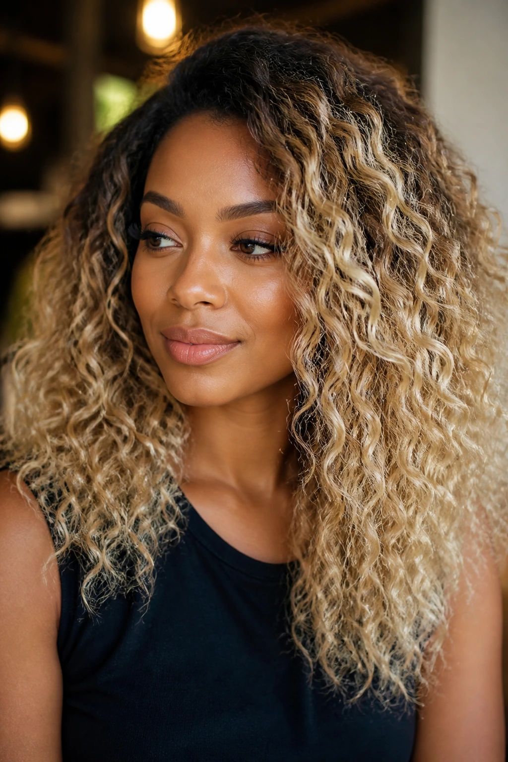Close-up portrait of a real woman with toasted coconut blonde showing dark roots and creamy midlengths