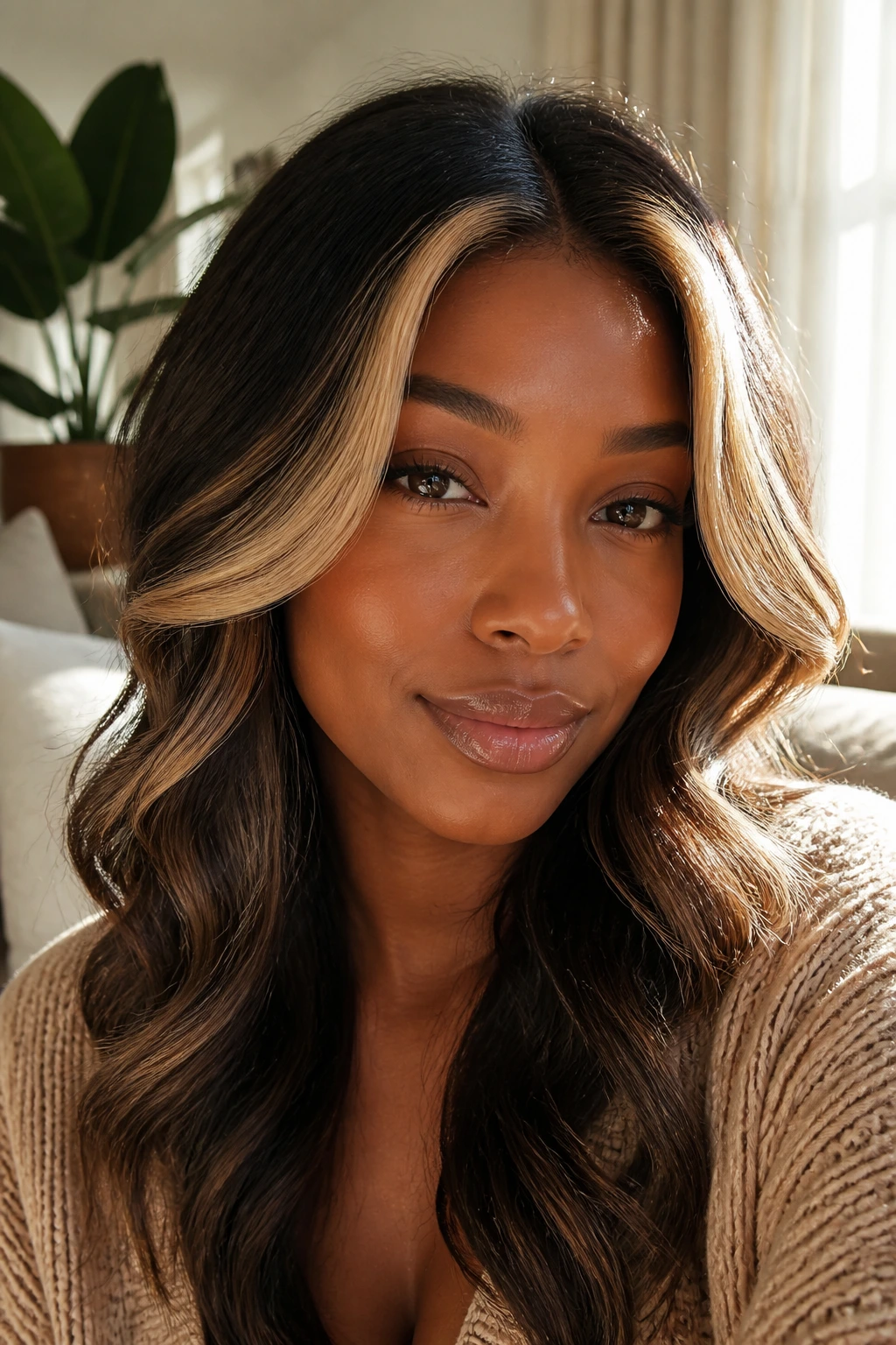 Woman with toasted coconut face-framing highlighted around the front