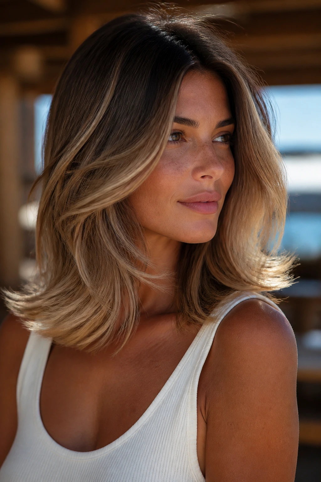 Close-up of a real woman with mid-length hair in a Toasted Coconut Flip