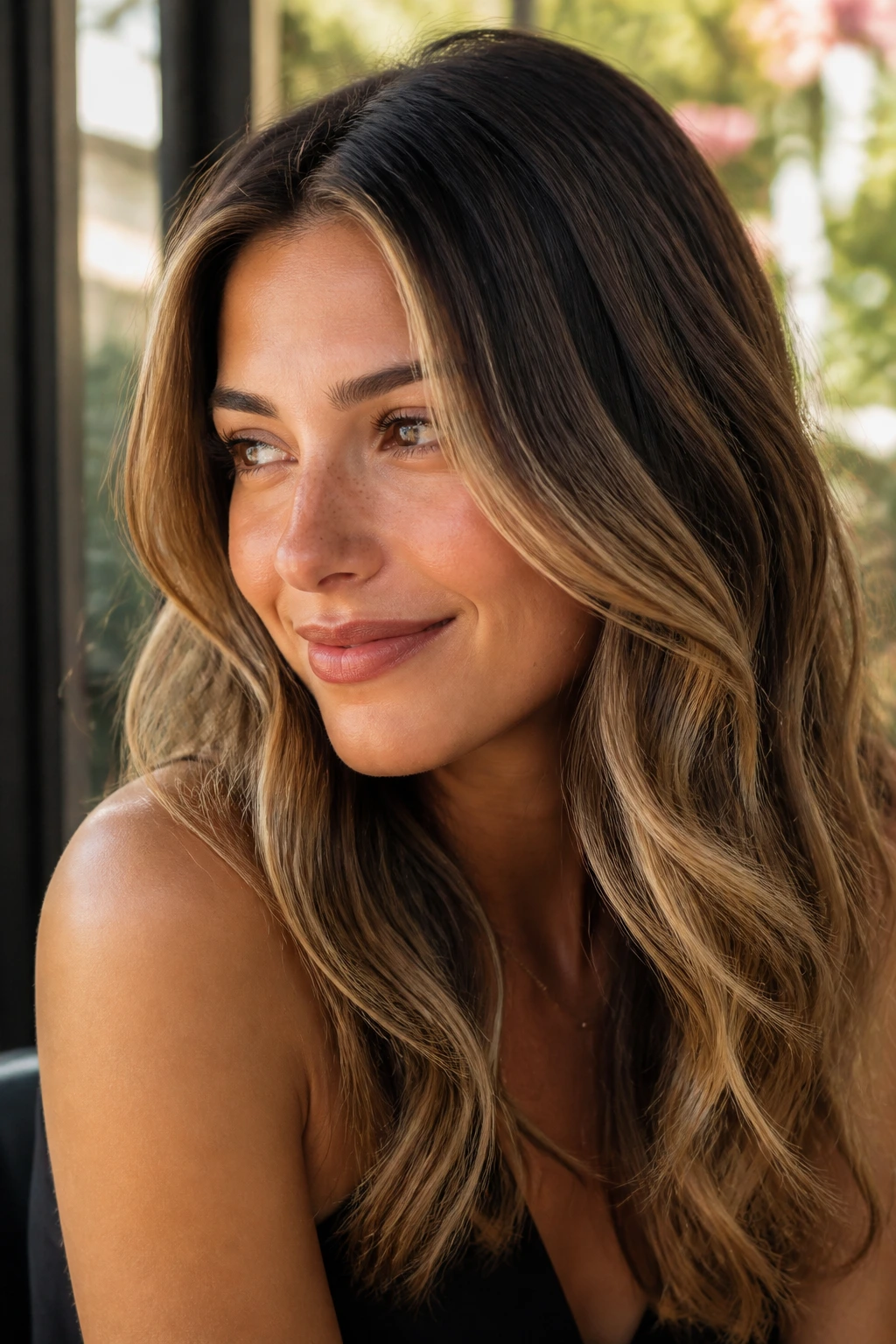 Brunette with wavy hair showing toasted coconut highlights in creamy mid-lengths