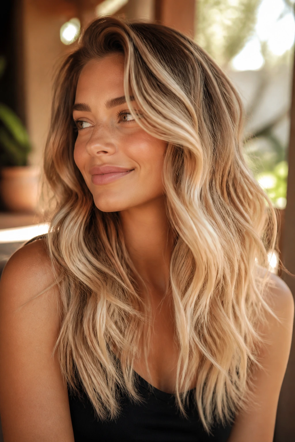 Close-up of a real woman with toasted coconut wavy blonde hair