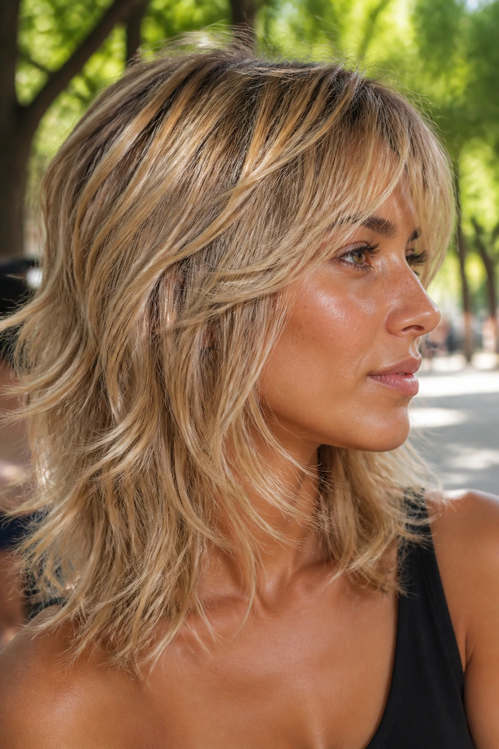 Close-up portrait of a real woman with a toasted cream shag hairstyle in a sunlit park