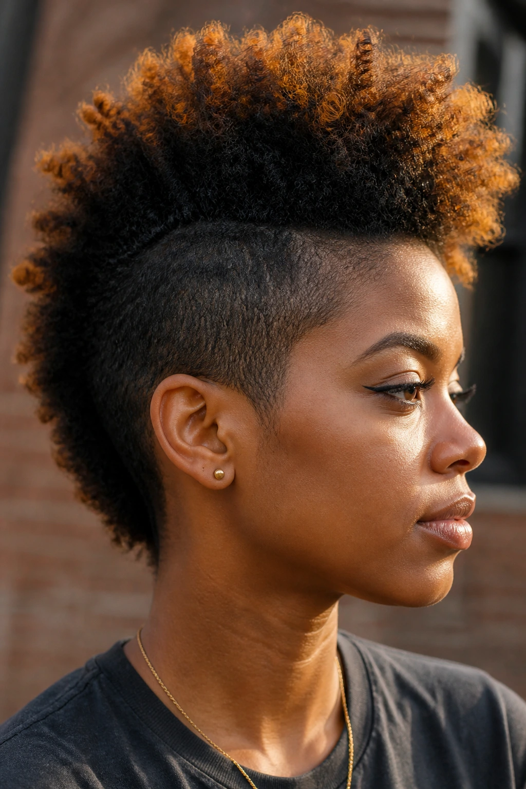 Close-up of a real person with toasted caramel ends on a frohawk