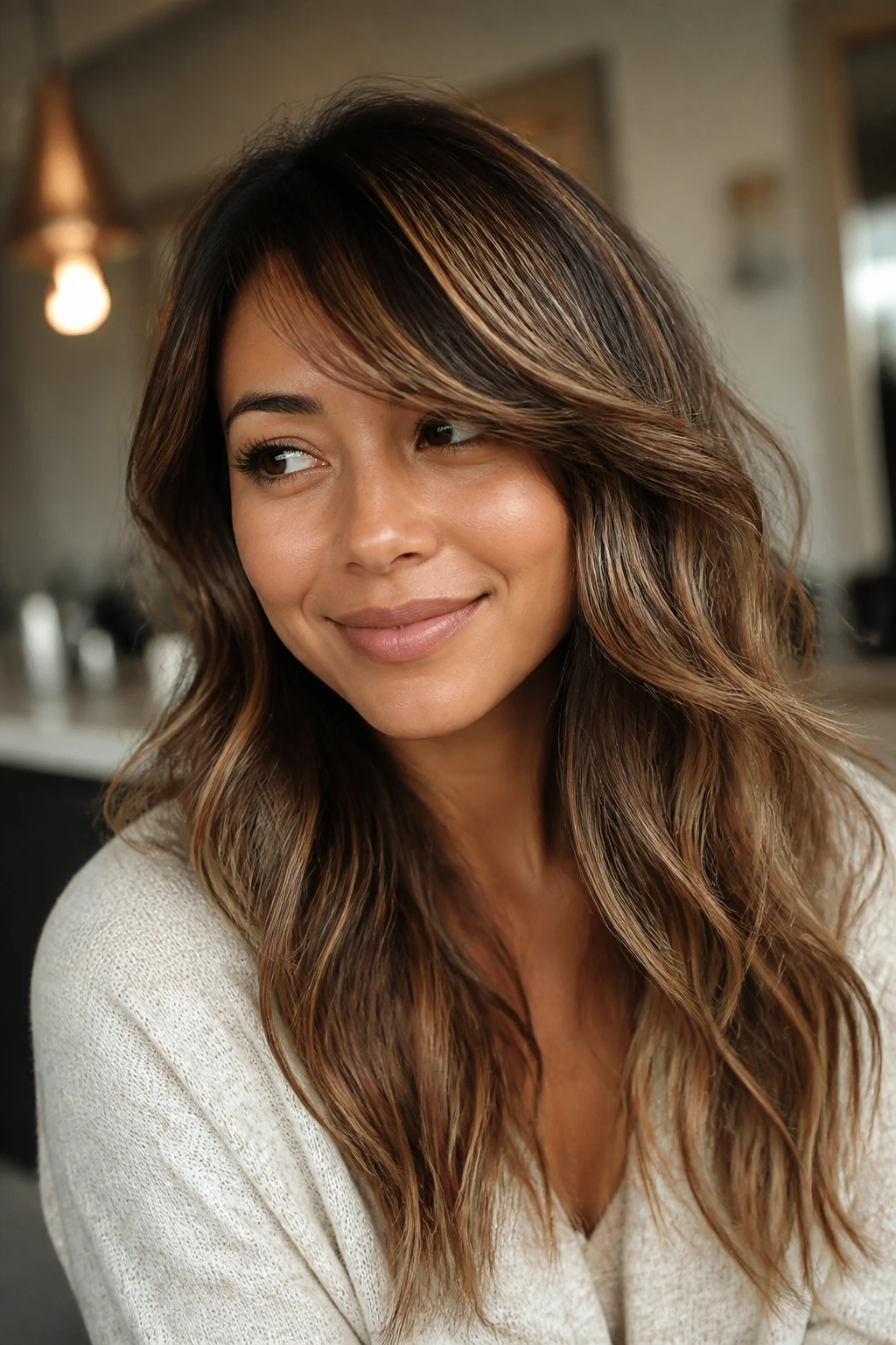 Close-up of real person with toasted hazelnut highlights and piecey bangs in warm home light
