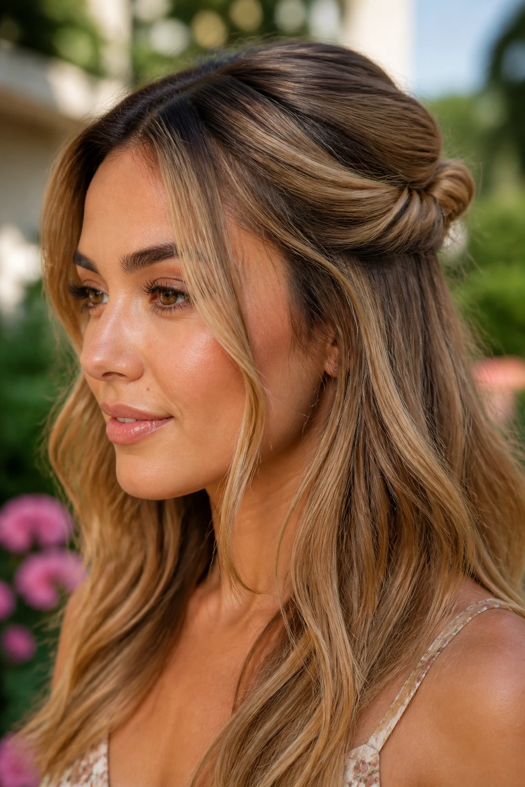 Close-up portrait of a woman with toasted honey half-up twist in a sunlit garden