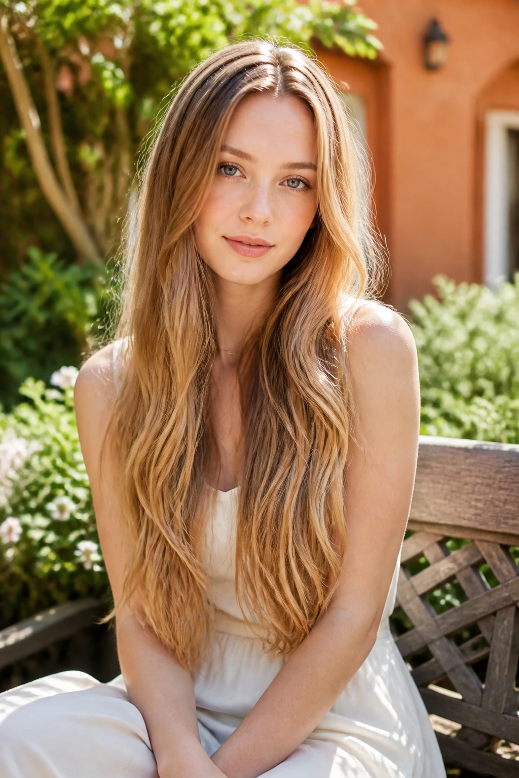 Portrait of a woman with toasted honey lengths in warm outdoor light.