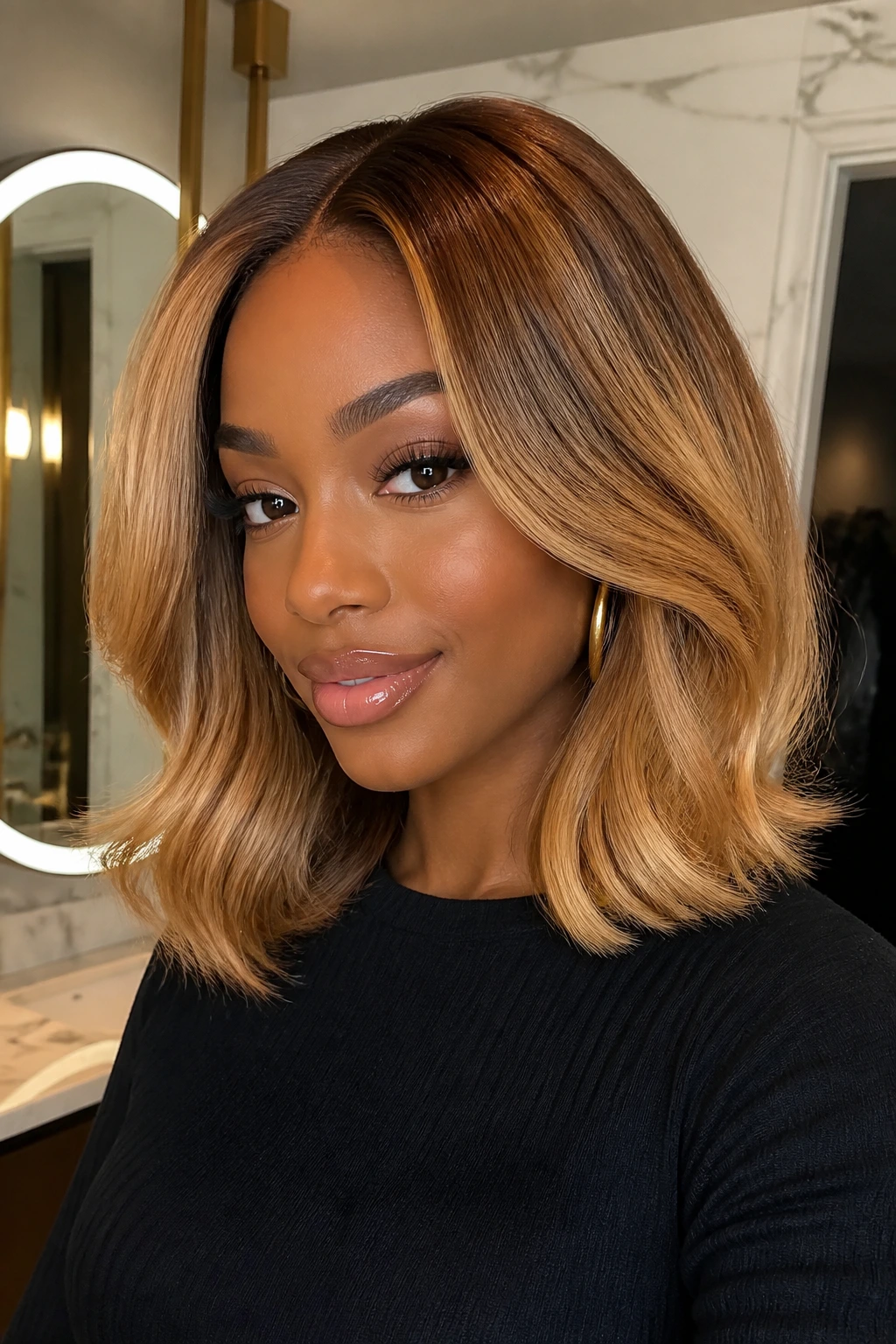 Close-up of a woman with a toasted honey lob and glossy ends.