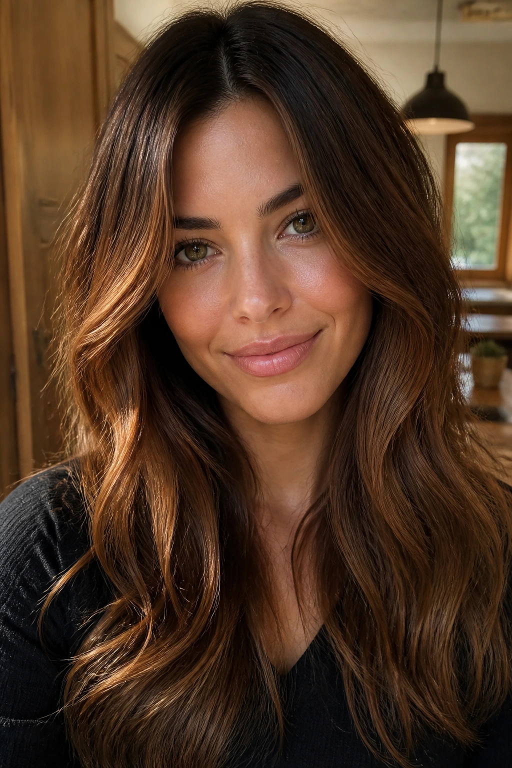 Close-up of a real woman with toasted oak brown hair and tawny highlights