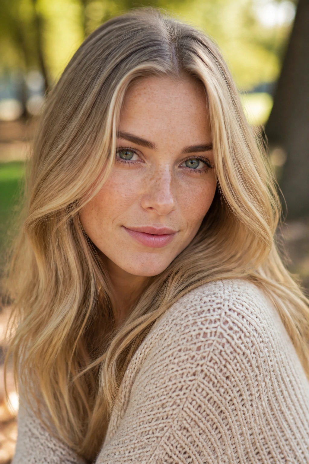 Close-up of a real woman with toasted oat blonde in outdoor light