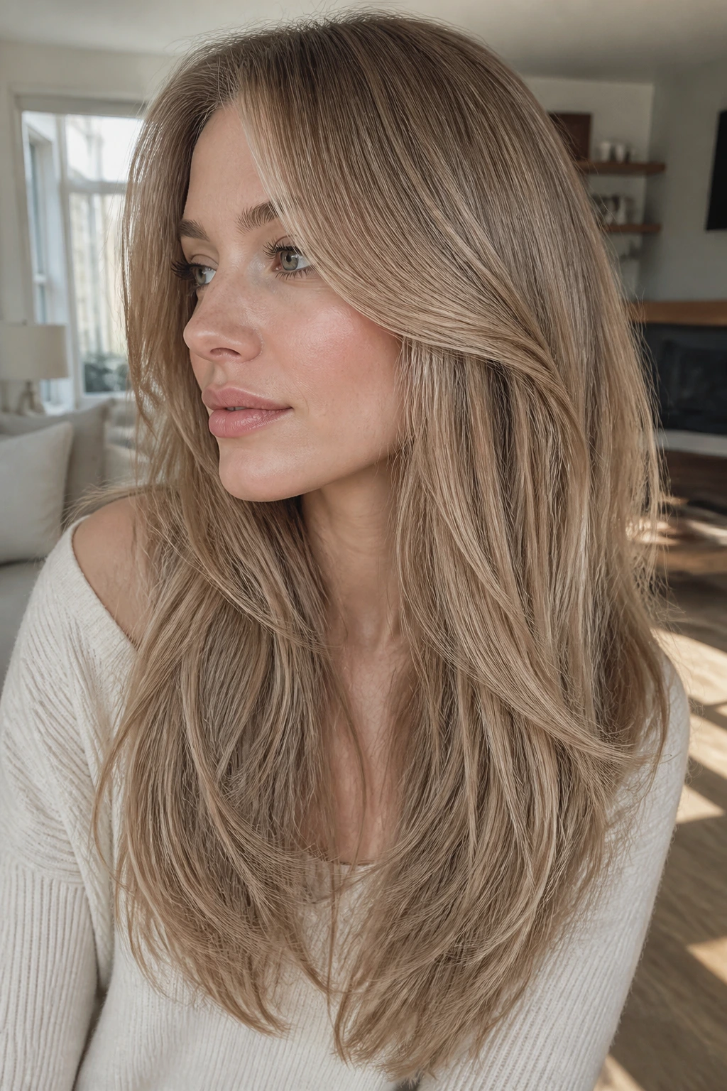 Portrait of a real woman with toasted oat long layers in soft daylight.