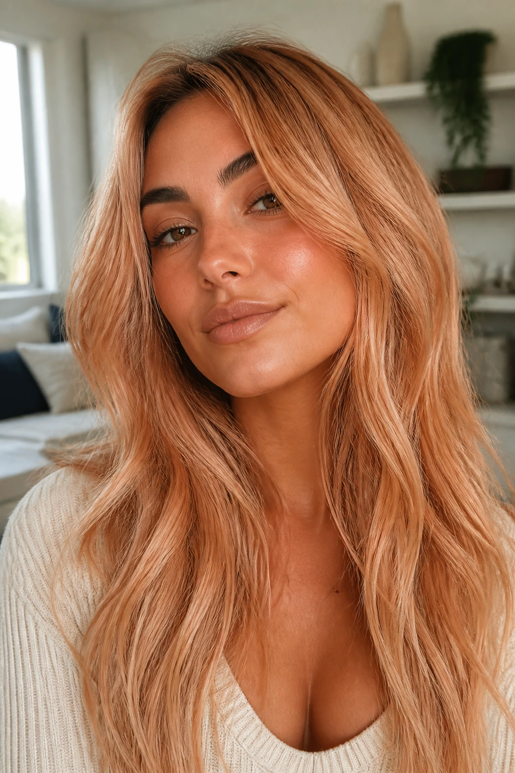 Close-up portrait of toasted peach blonde on a real person