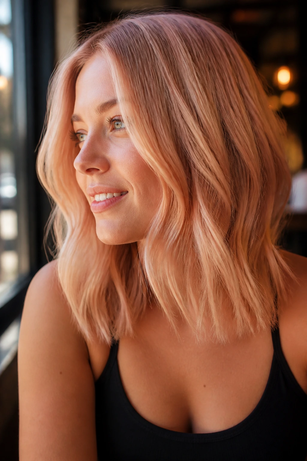 Medium close-up of a real woman with toasted peach lob in sunlit cafe setting