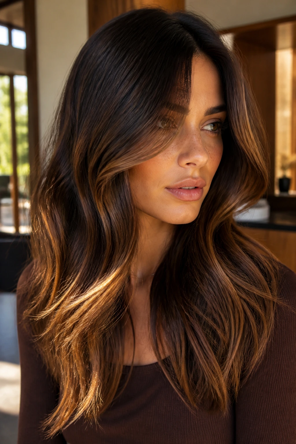 Close-up portrait of a real woman with toasted pecan balayage on mid-to-long hair