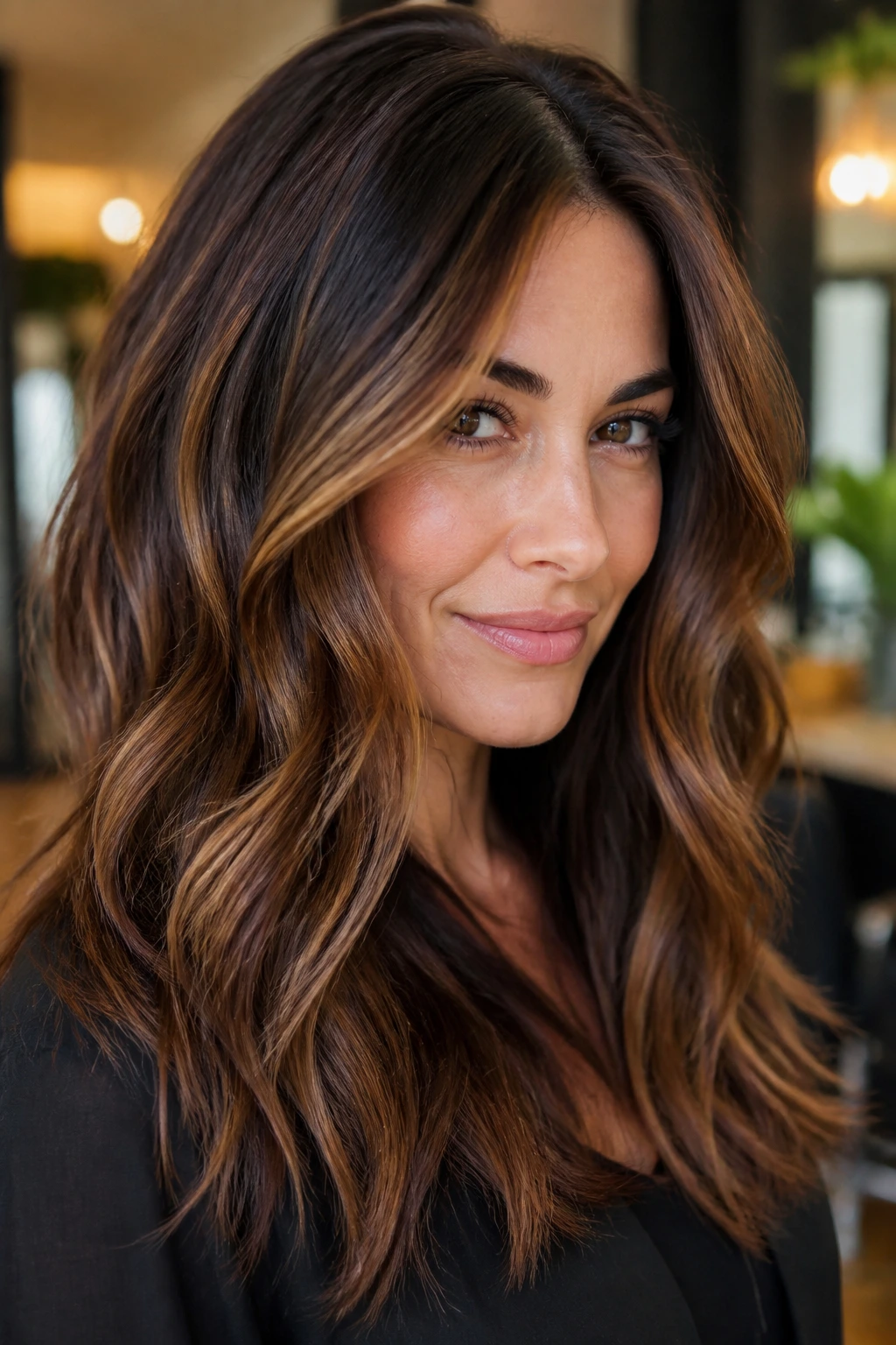 Close-up portrait showing toasted pecan brown dimension with caramel and chestnut highlights