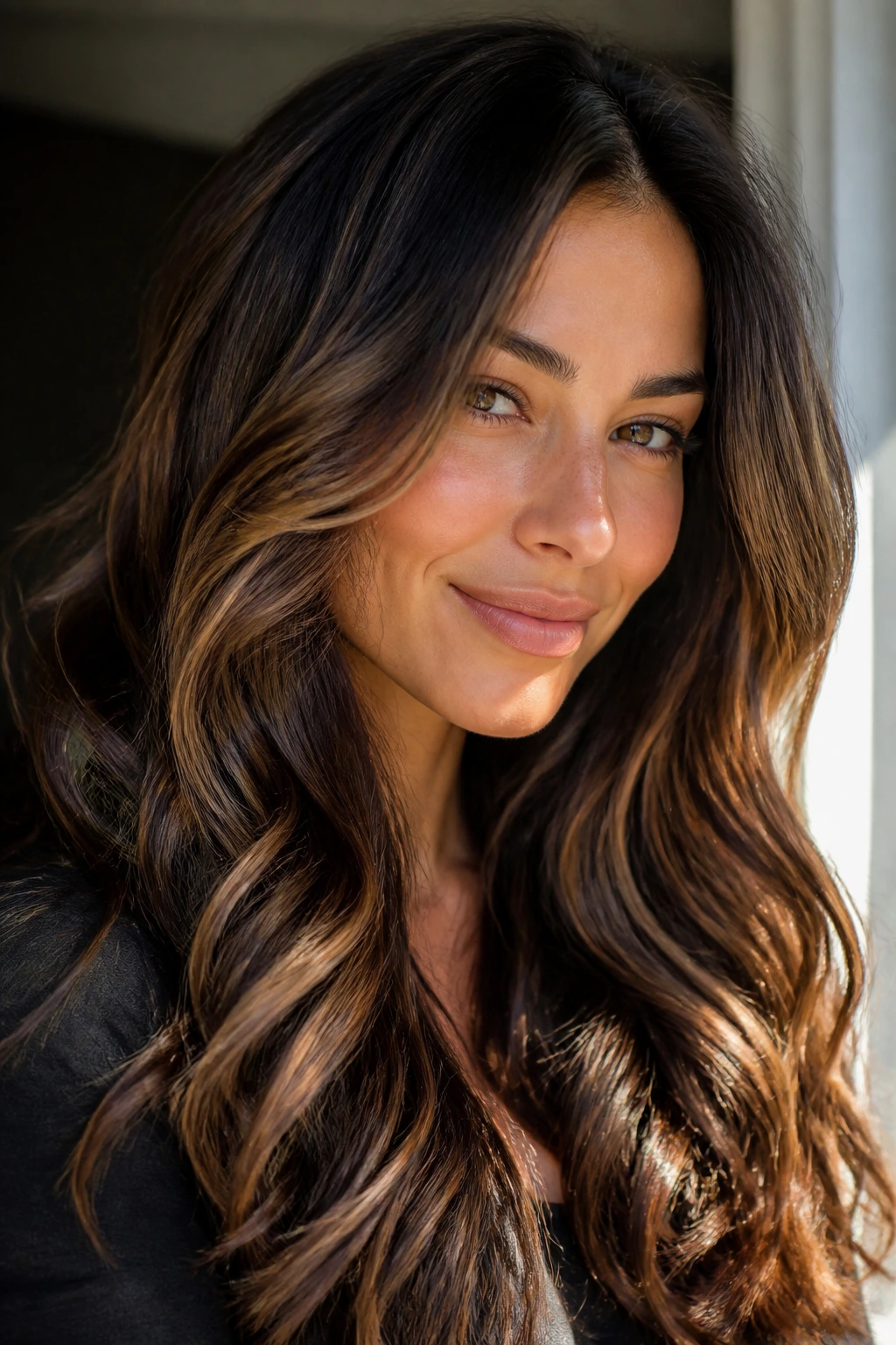 Close-up of toasted pecan highlights on dark brunette hair in window light