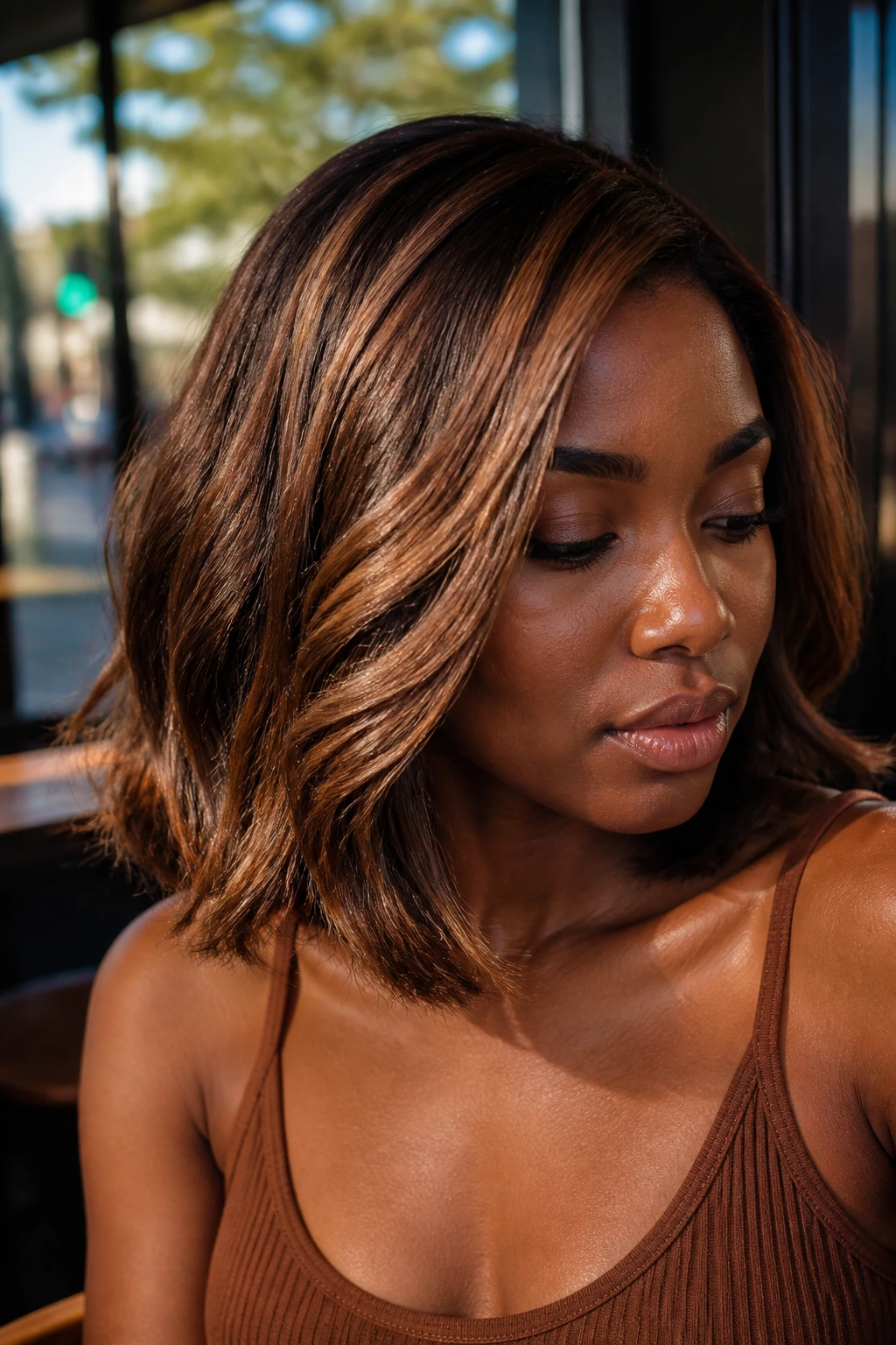 Close-up of a real woman with toasted pecan pieces in shoulder-length hair in warm outdoor light