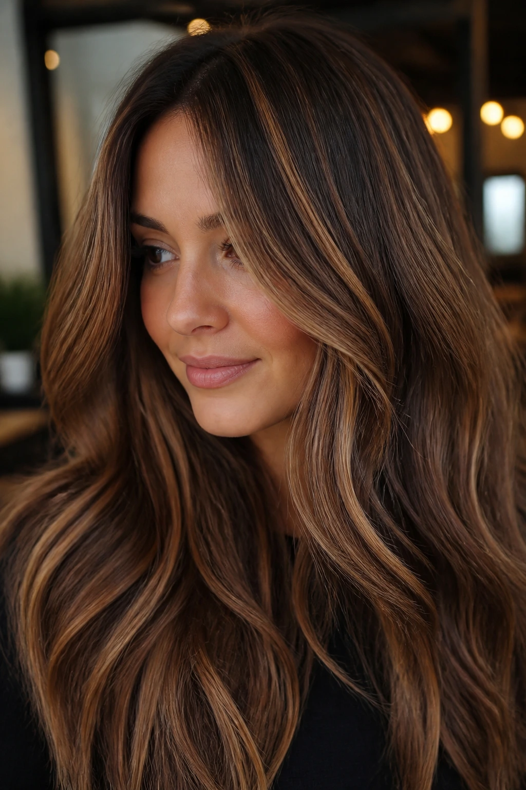 Toasted pecan ribbons in thick chestnut hair