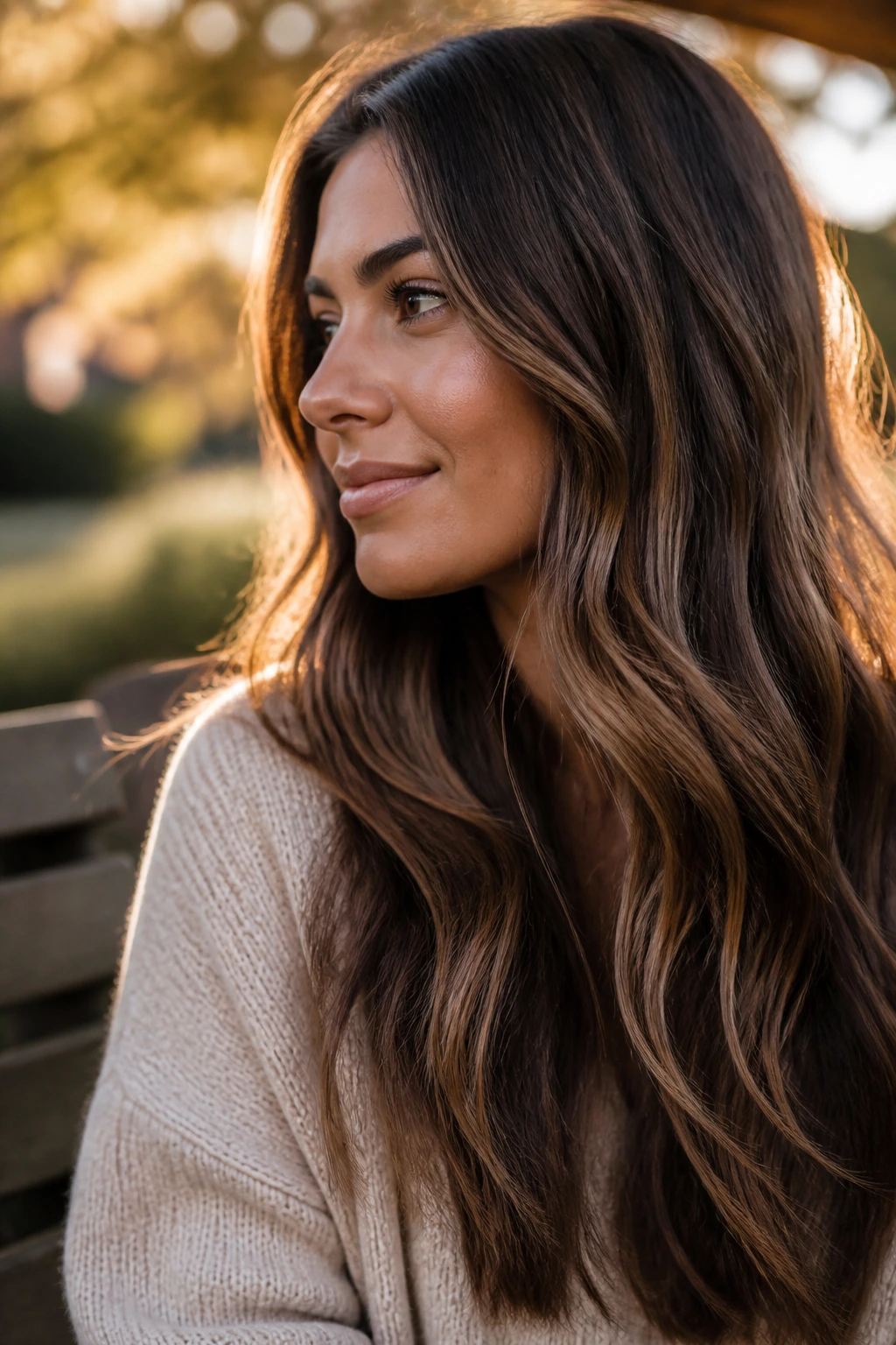 Hair with toasted pecan slices highlighting on brunette base outdoors
