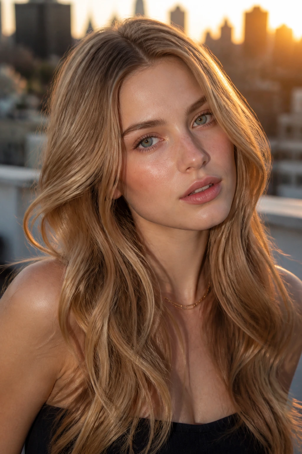Close-up portrait of a woman with toasted sand blonde hair in golden hour lighting