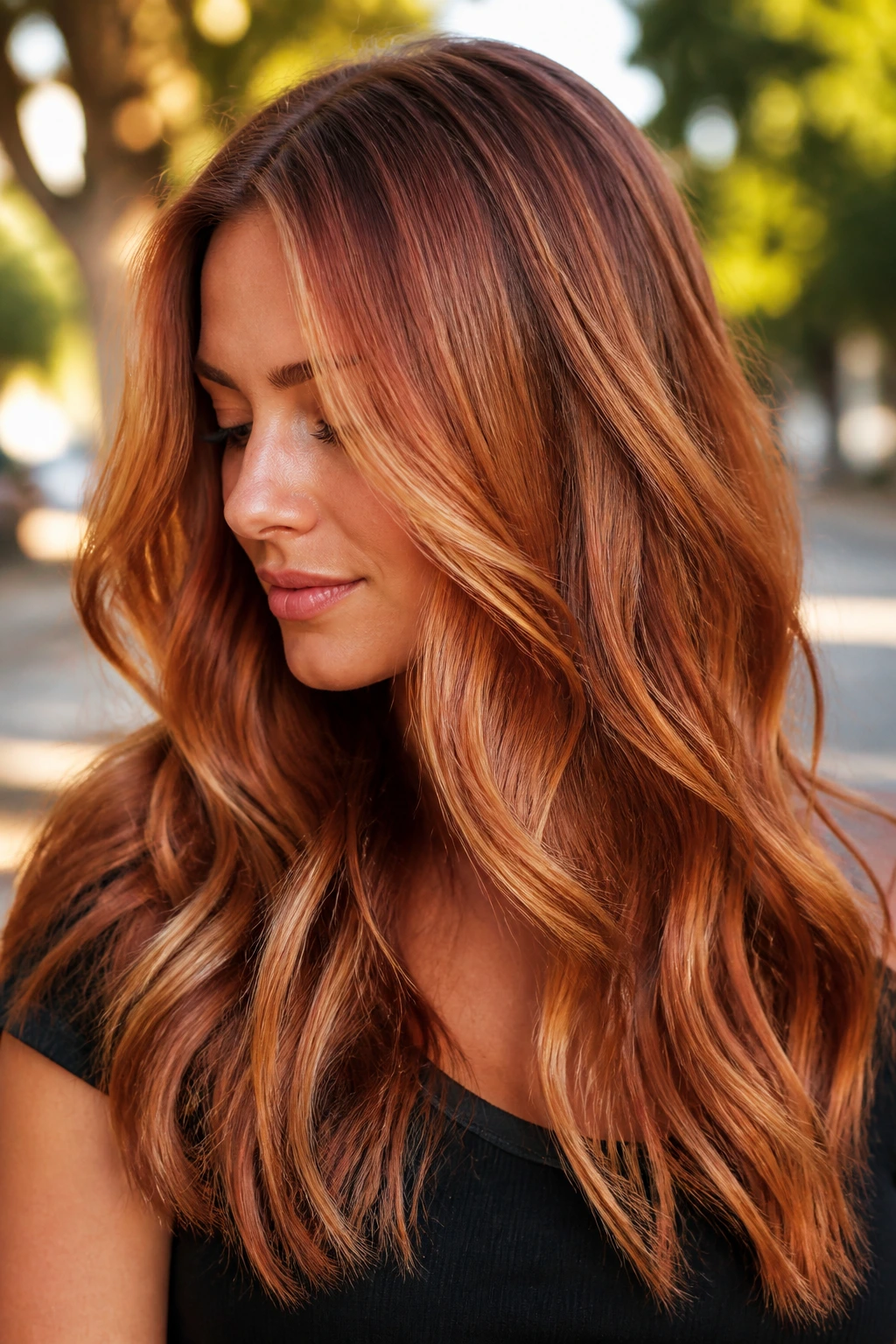Close-up of real woman's hair in Toasted Strawberry Balayage