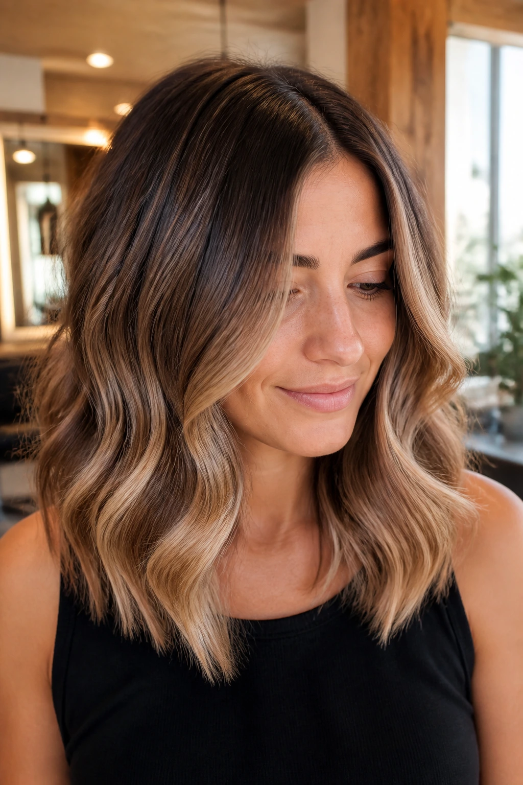Close-up of a real woman with toasted sugar balayage on midlength hair, warm gradient and soft movement