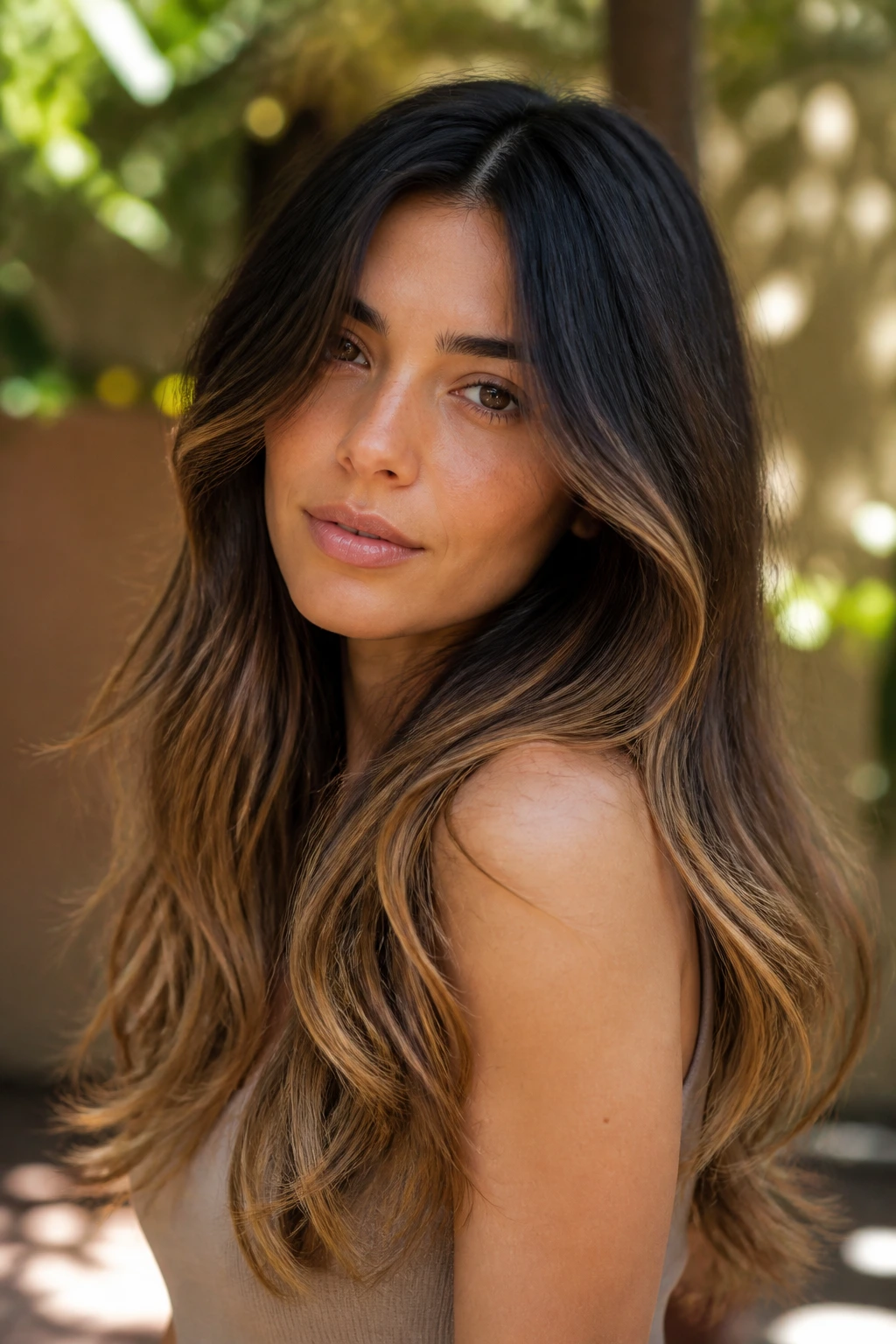 Olive-skinned person with toasted toffee end highlights on long hair.