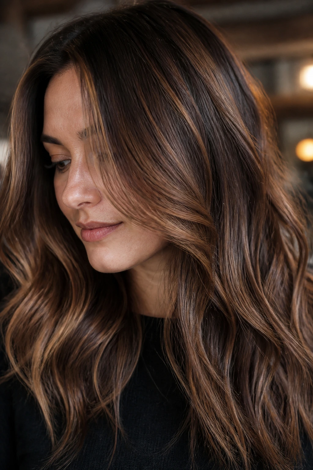 Close-up of brunette hair with toasted toffee foilyage around face and crown