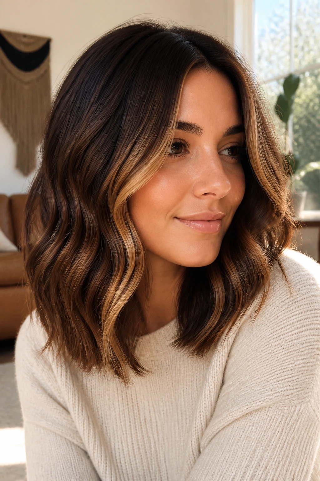 Close-up of a real woman with a wavy lob featuring toasted toffee face-frame highlights