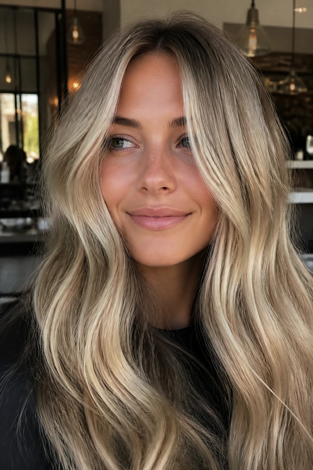 Close-up portrait of a warm-toned toasted vanilla blonde hairstyle