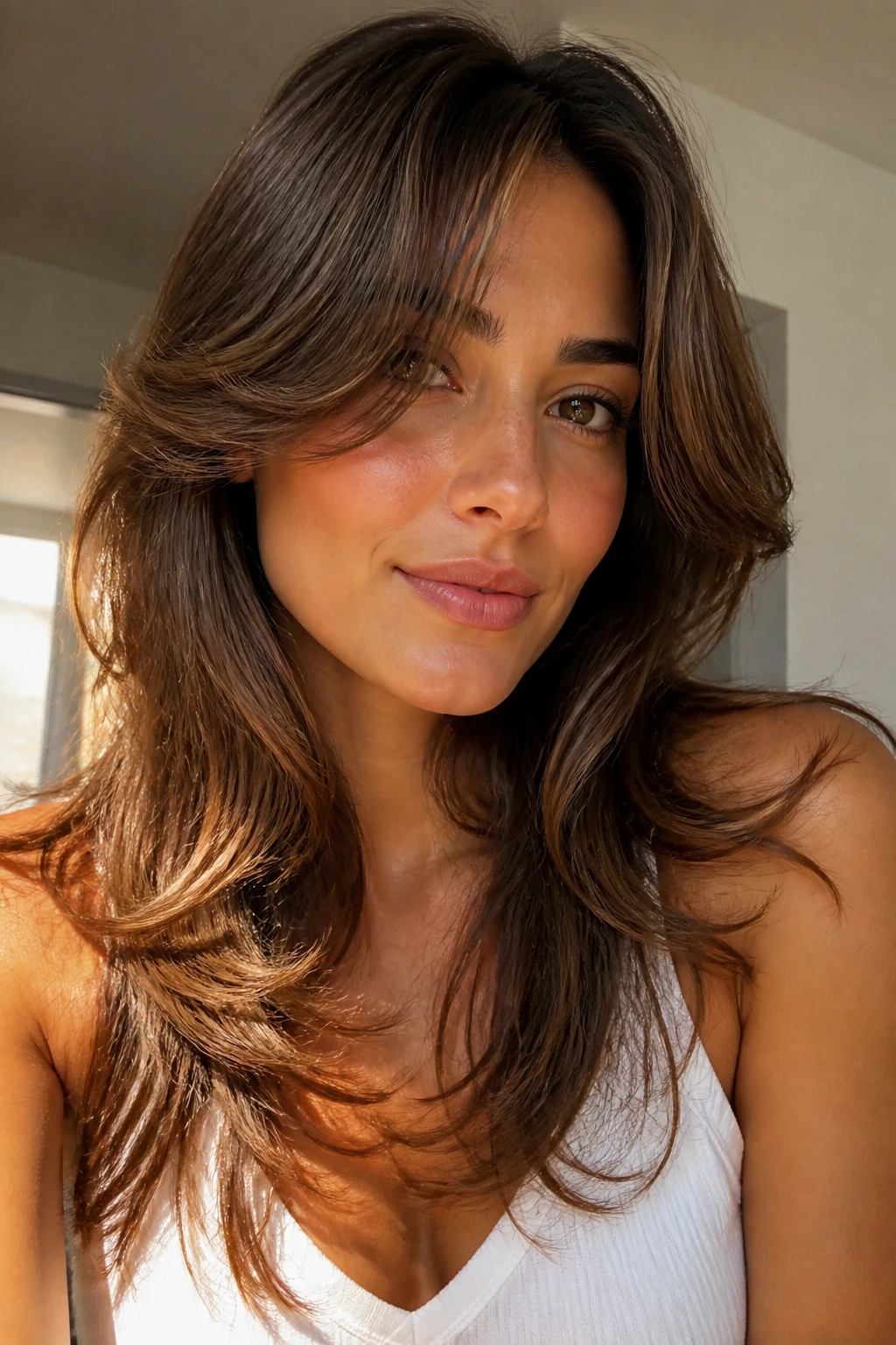 Close-up of a real woman with toasted walnut butterfly cut and olive skin in a sunlit room