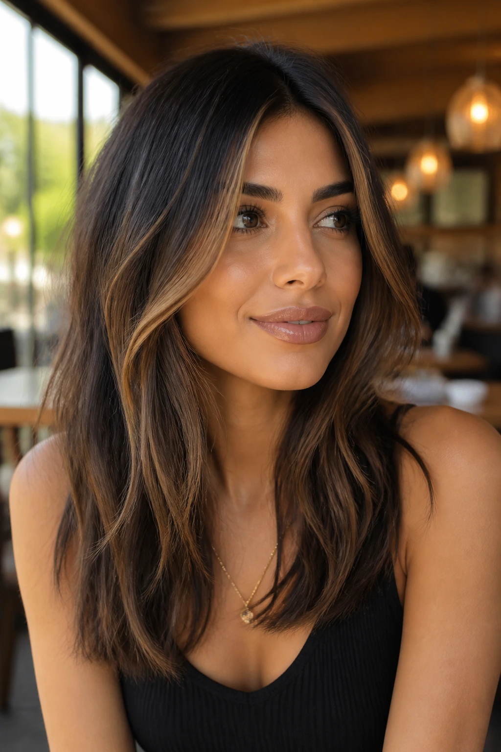 Close-up of real woman with Toasted Walnut Frame hair framing the face