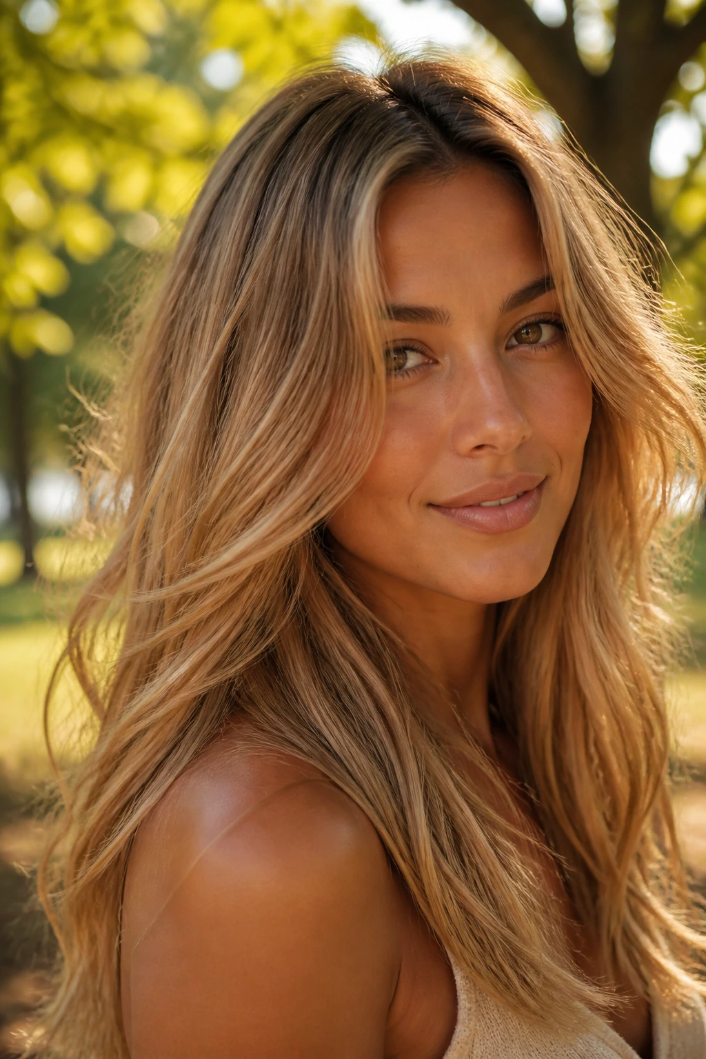 Close-up portrait of a real woman with toasted wheat blonde hair outdoors in golden hour light.