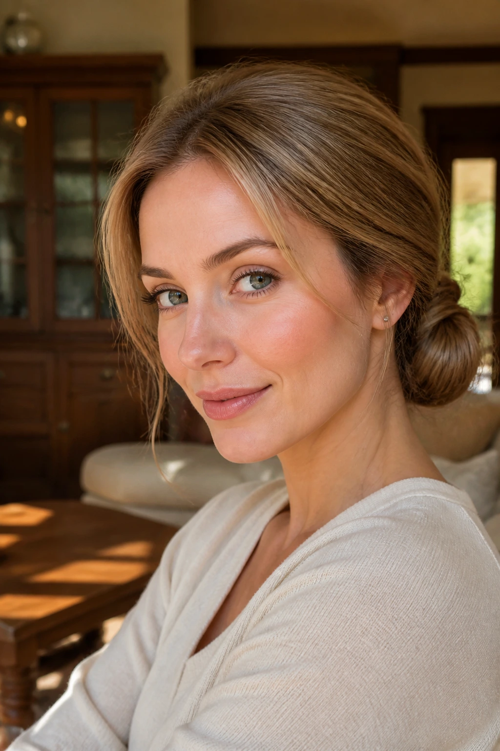 Close-up of a real woman with a toasted wheat low bun