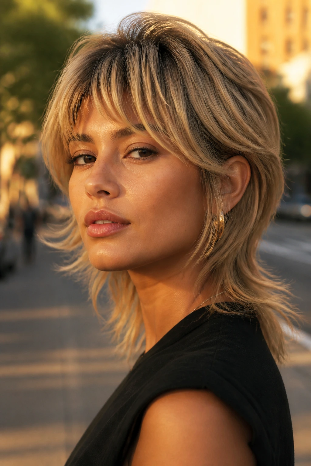 Close-up of real woman with toasted wheat soft mullet and warm blonde tones