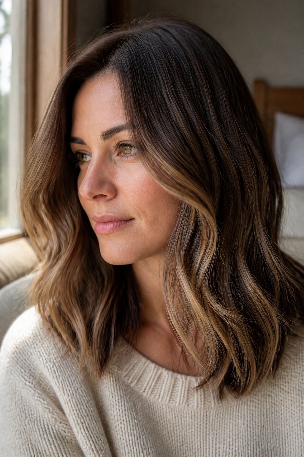 Close-up portrait of a real woman showing tobacco brown hair with beige caramel melt under soft natural window light.