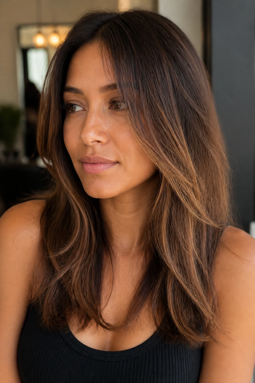 Portrait of a person showing tobacco brown dimension through mid-lengths for depth on fine hair.