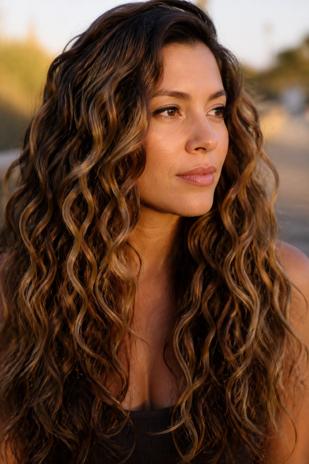 Close-up of tobacco brunette hair with sandy highlights on long curls.