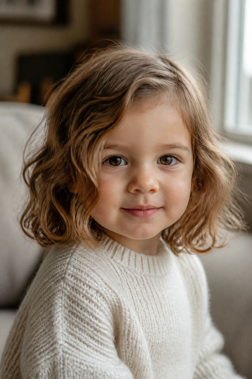 Close-up of a real toddler with a blunt shoulder-length lob and soft waves