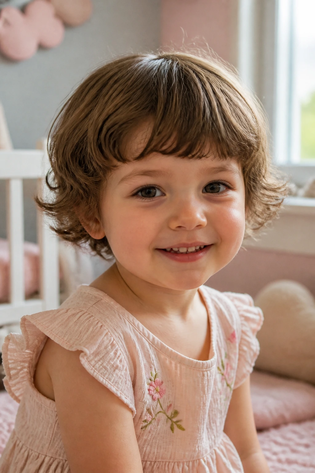Close-up of a real toddler girl with a soft feathered bowl cut showing rounded silhouette and fringe waves