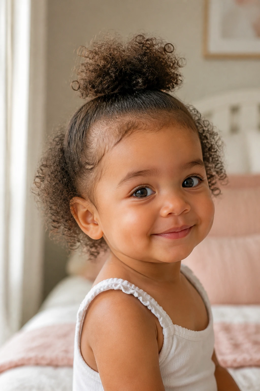 Close-up of toddler with mid-length curls styled in a small puff on top