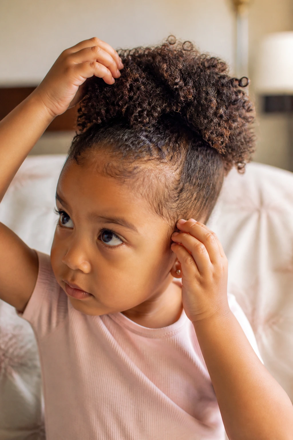 Toddler curls refreshed with light mist and finger-fluff