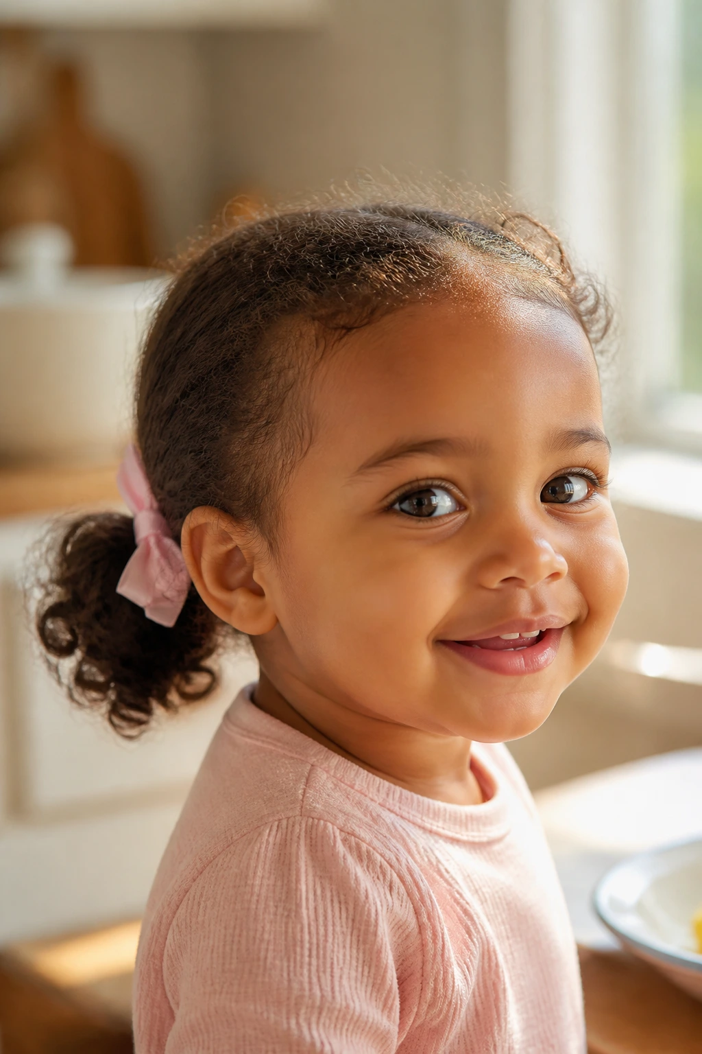 Toddler with low ponytail and ribbon in a sunlit kitchen