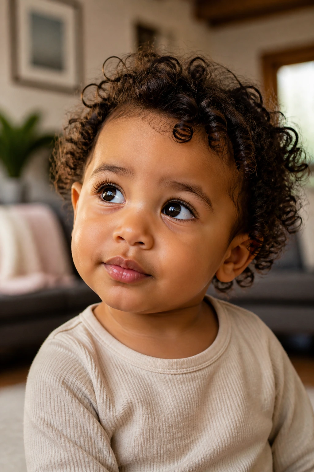 Curious-looking toddler with defined curls in a home setting