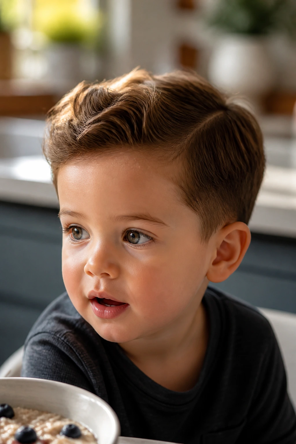 Toddler portrait with a clean side-part haircut and subtle texture
