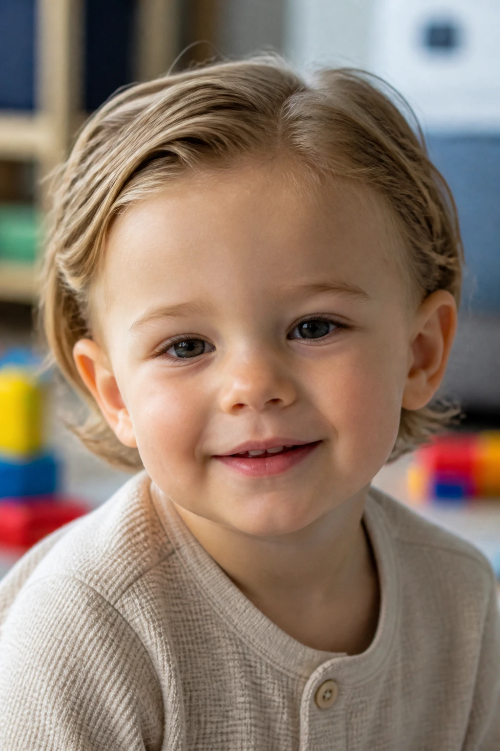 Toddler portrait with tucked-behind-the-ears crop showing neat ears tucked under hair