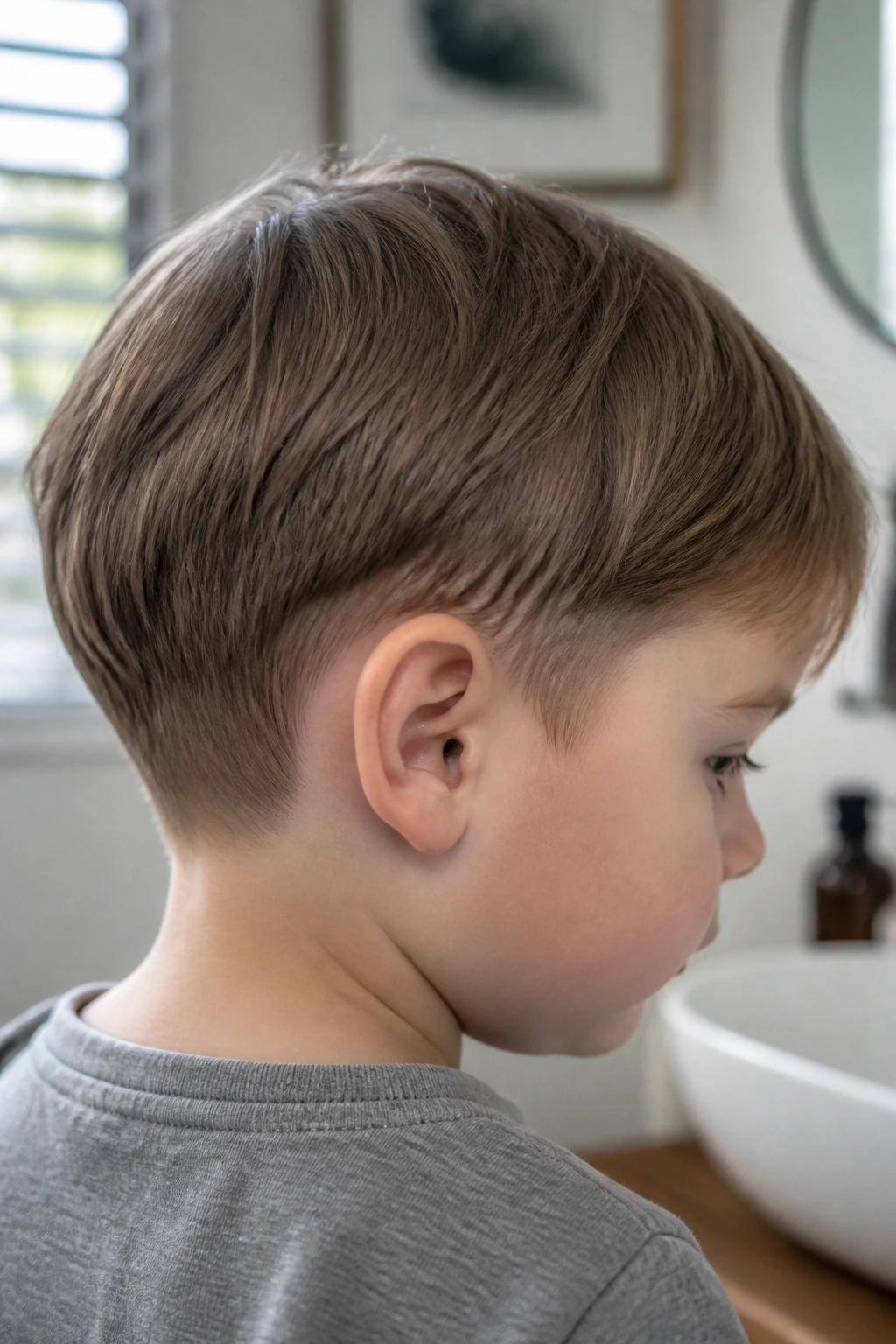 Close-up portrait of a toddler boy with fine hair showing a low-nape undercut and clean neckline