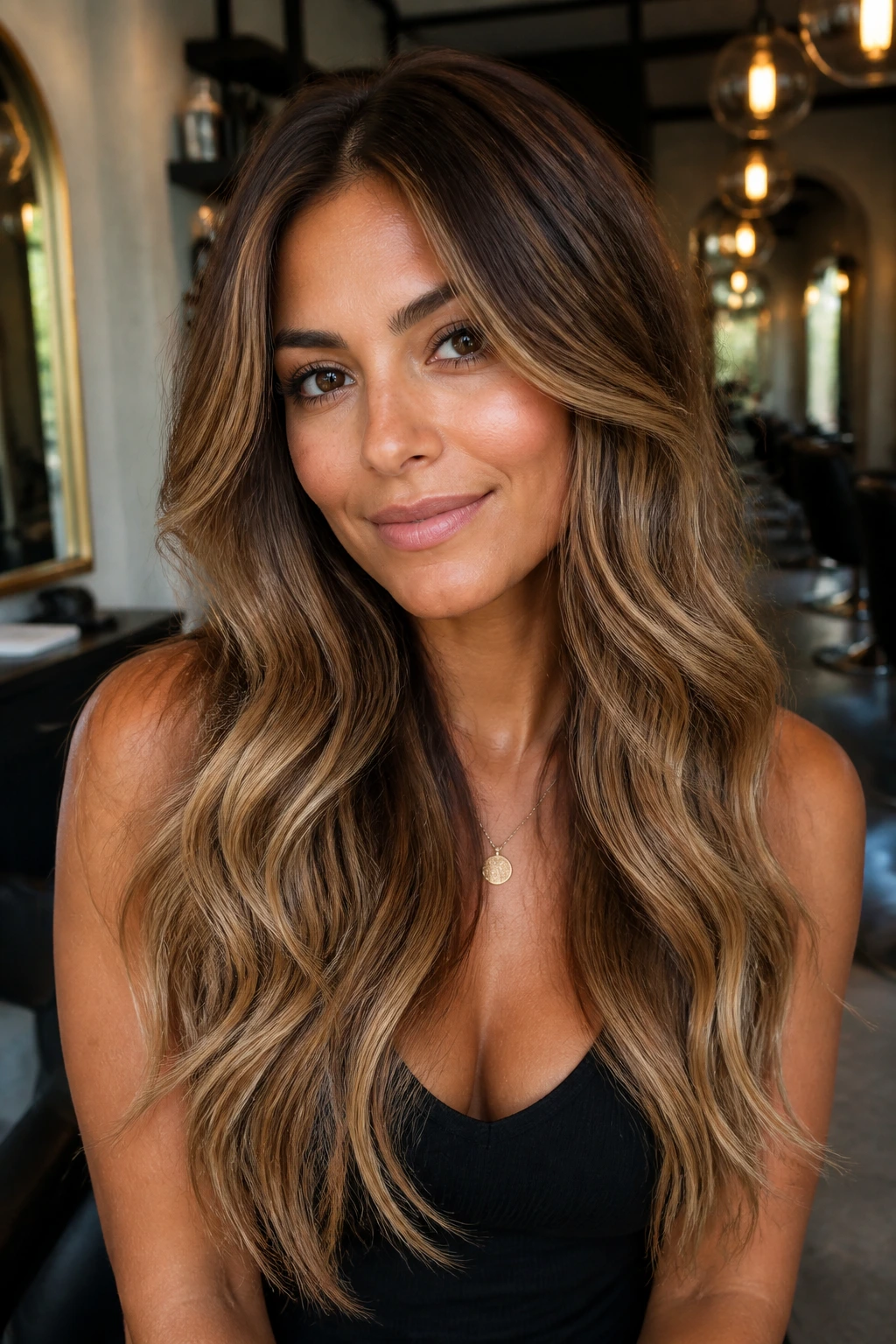 Portrait of a real woman with long layered hair showing toffee and almond balayage