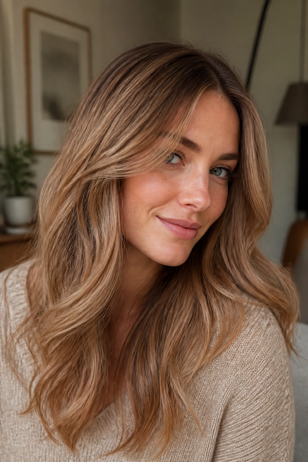 Portrait of a real woman with toffee-ash auburn hair color.