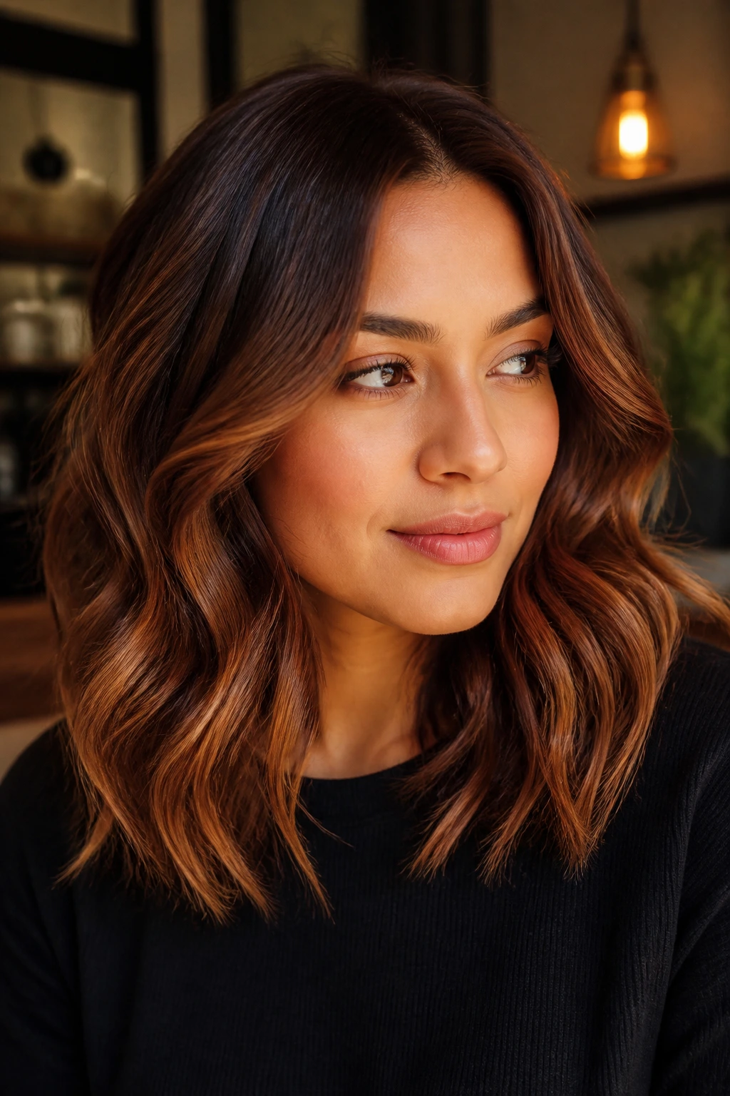 Close-up of real woman with toffee auburn balayage in waves